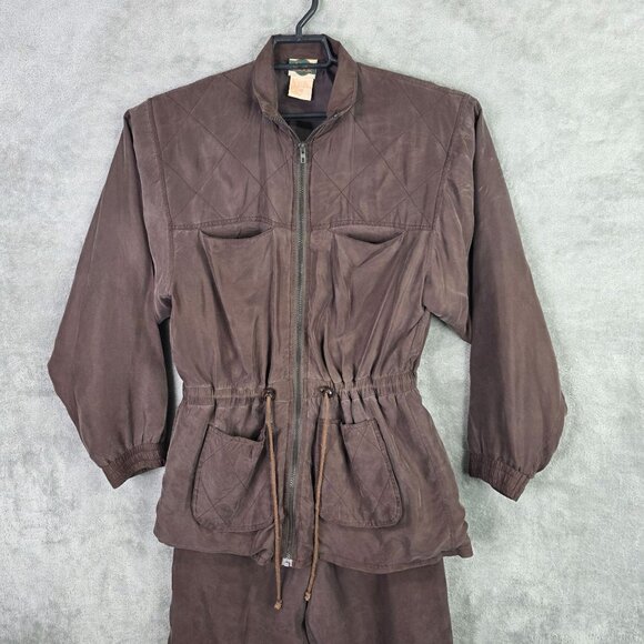 Womens Vintage Outbrook Brown 100% Silk 2 Piece Jacket & Pant Set Outfit Size S - Picture 2 of 14